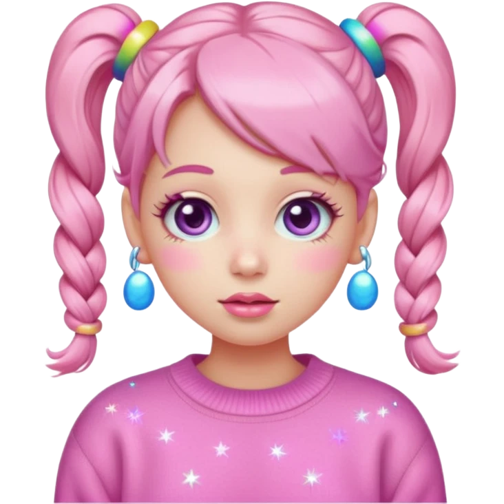 “Emoji girl, pastel pink blush, sparkly wide eyes, glossy bubblegum lips, hair in pigtails with colorful clips, oversized pastel sweater.” emoji