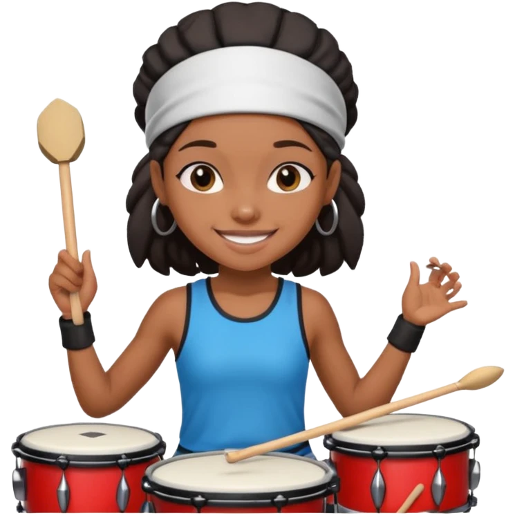 A black girl drummer with a sporty headband and clothes, tapping her drum rhythmically with a grin. emoji