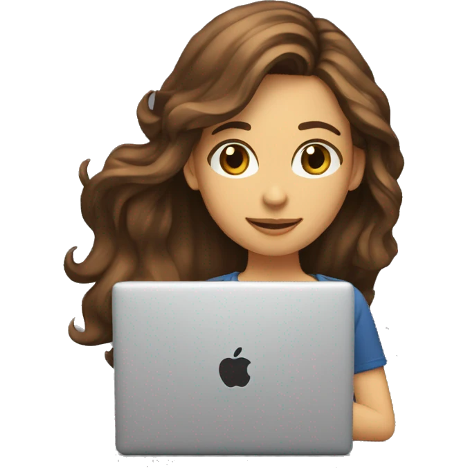 female coder with apple laptop in front of her, long wavy brown hair, brown eyes emoji