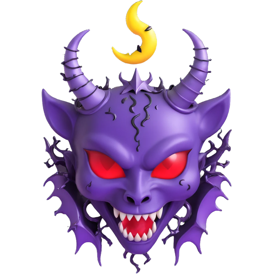 devil heart made of deep purple glass with large devil horns, curled tail, black rose crown, silver crescent moon, electric lightning, glossy rain, shattered glass emoji