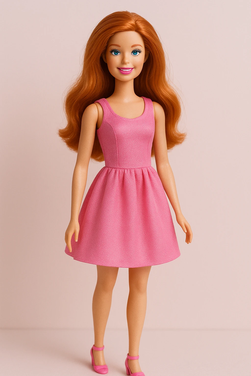 Barbie doll with long ginger hair, pink dress, smiling, standing pose emoji