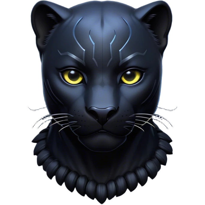Cinematic Noble black Panther Portrait Emoji, Poised and regal, with a sleek, muscular build draped in glossy, midnight-black fur and piercing, luminescent eyes, Simplified yet sharp and sophisticated features, highly detailed, glowing with a soft, mysterious glow, high shine, intelligent and enigmatic, stylized with an air of stealthy authority, focused and commanding, soft glowing outline, capturing the essence of a watchful and confident jungle guardian that appears ready to prowl out of the screen with effortless authority! emoji