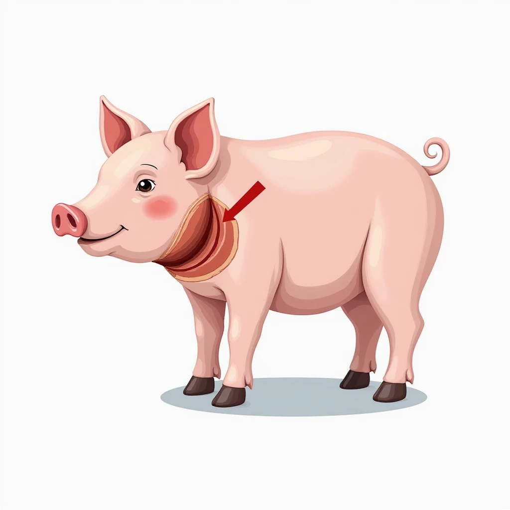pig with a colored arrow or circle pointing to the thyroid position on the neck, no internal view, white background, illustrative style, 4K emoji