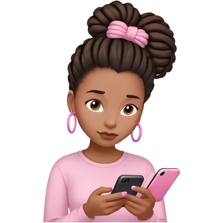 Dark brown woman with dreadlocks in bun Light pink shirt texting on pink phone emoji