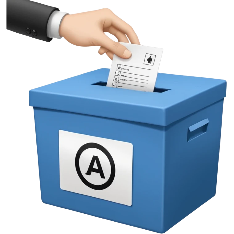 A neutral, generic symbolic image: A hand dropping a ballot paper into a simple, unmarked ballot box. The ballot shows three options only: ‘Ja, aber’, ‘Nein, aber’, and an empty field. n. emoji