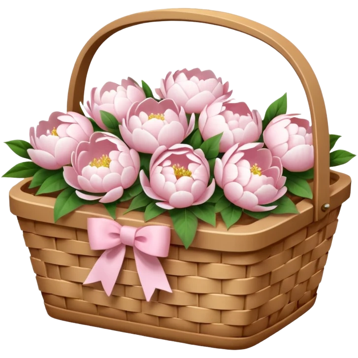 White Picnic basket with light pink bow and white peonies inside emoji