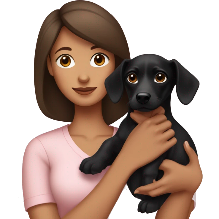 a brunette woman in a light pink shirt, with light skin, holding black dachshund puppy in her arms emoji