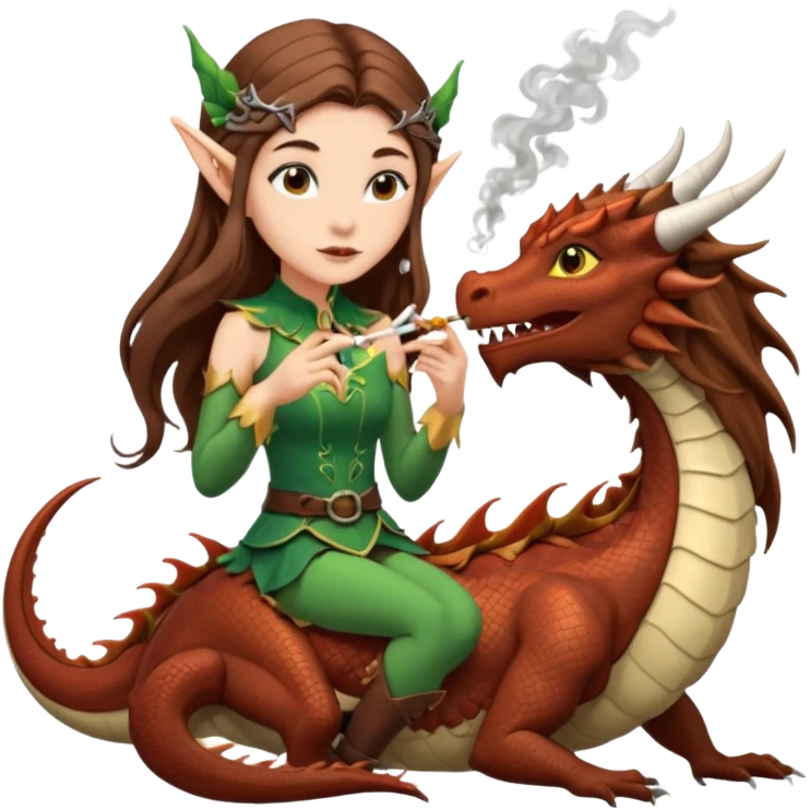 a girl with long brown hair and elf ears riding a dragon and smoking a cigarette emoji