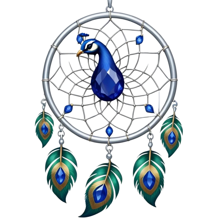 a Silver Dreamcatcher with sapphire-stones and emerald-stones, and with peacock-feathers. Big sapphire gem in the middle. Many tiny emerald gems around it.   emoji