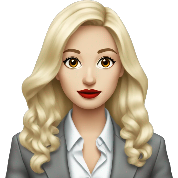 Russian Blonde long hair with red lips small nose and black eyes Tiffany diamond seller in a grey suit emoji