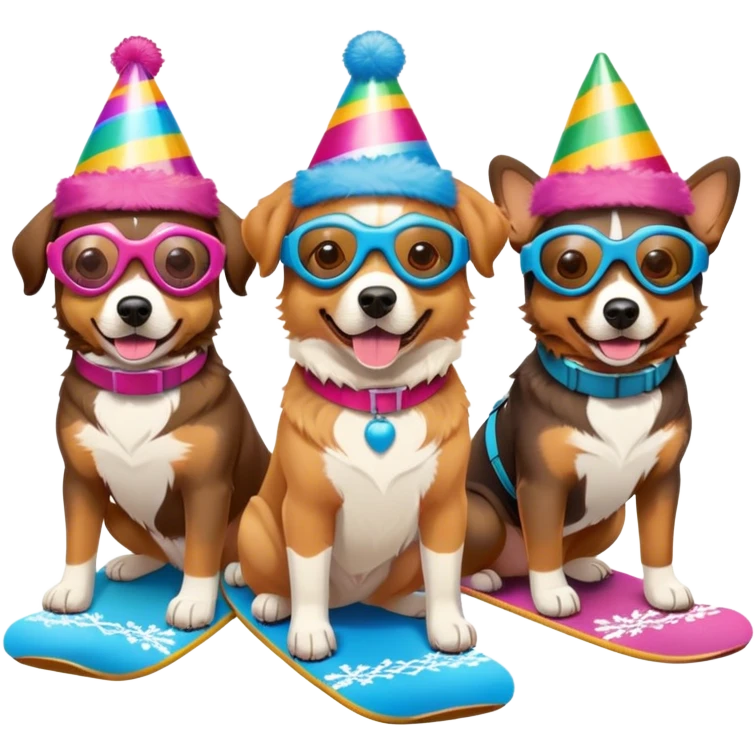 3 dogs snowboarding birthday party emoji