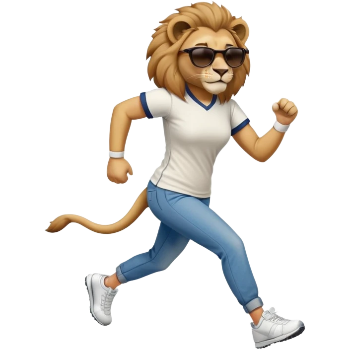 friendly anthropomorphised female lion wearing a baseball shirt, jeans, trainers, dark sunglasses, jogging upright, looking dominant and confident emoji