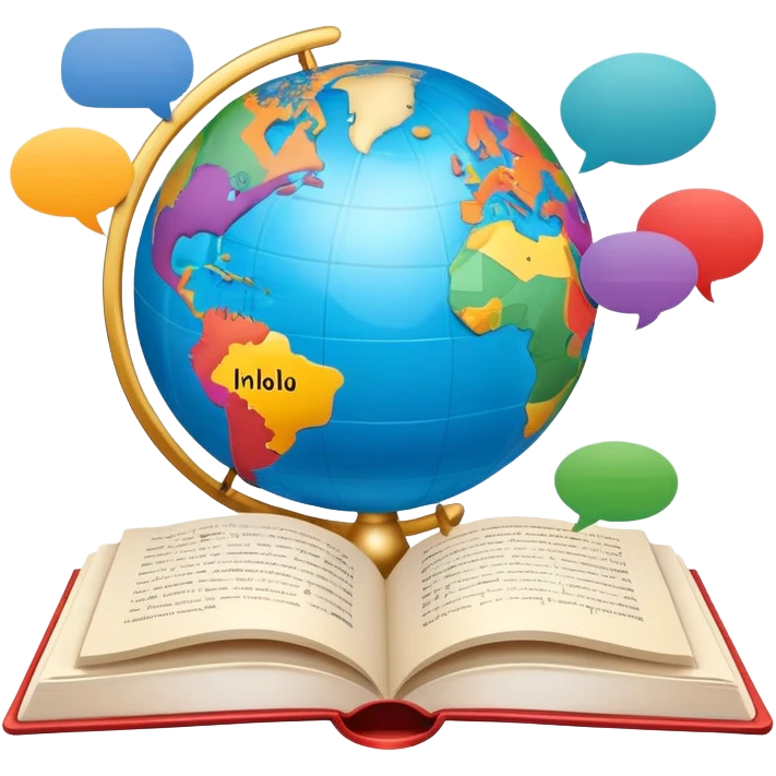 An icon showing a globe surrounded by speech bubbles with greetings in different languages, like 'Hello,' 'Hola,' and 'Bonjour.' The design includes an open book and a quill, symbolizing learning and communication. Transparent background emphasizes global connection through language. emoji