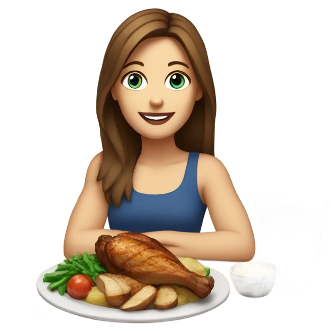 White girl blue eyes brown hair eating grilled chicken and potato  emoji