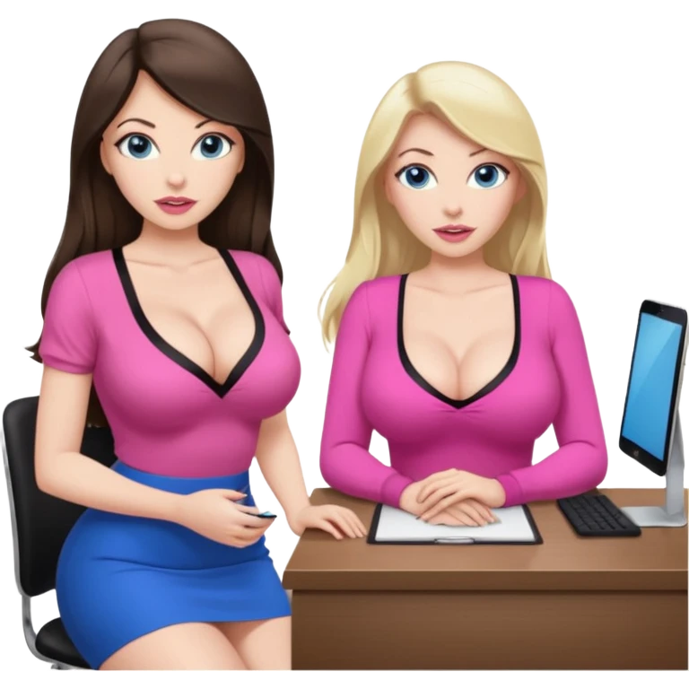 sexy woman brunette, very large breasts, pale skin, blue eyes, long brown hair, tight pink low cut  blouse, big pink lips, short black skirt. at desk next to similar blonde woman.  emoji