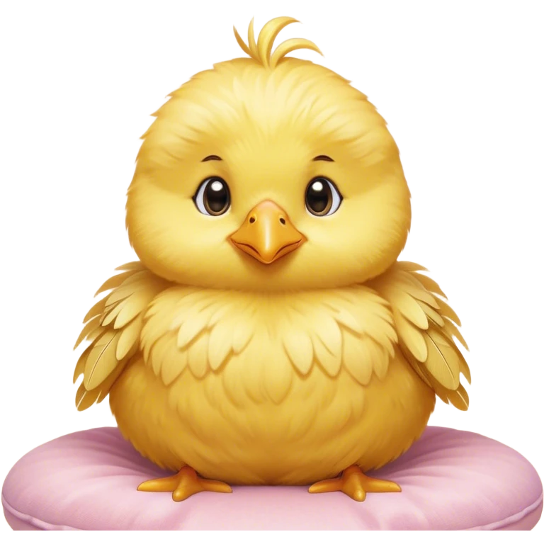 Cinematic round fluffy chick, golden yellow, tiny beak and feet, soft downy feathers, sparkling gentle eyes, sitting on a pastel-colored cushion, radiating warmth and sweetness. emoji