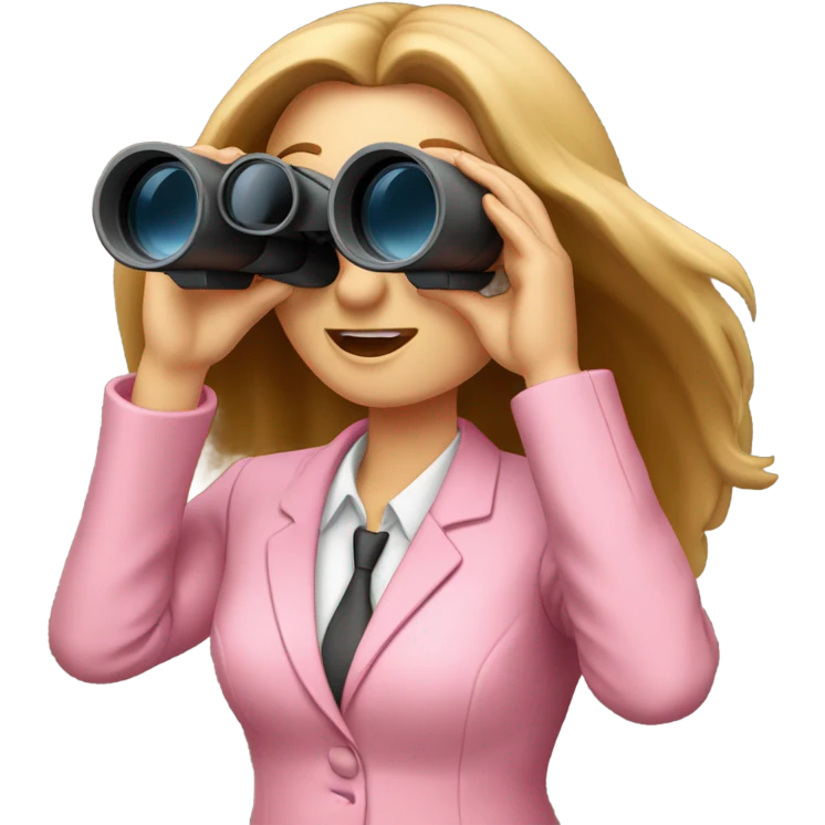 white female employee in pink suit using binoculars with long loose hair looking like secretary. must be like a portrait emoji