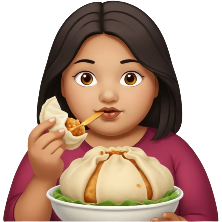 Can you create an emoji of a half Indian - half white 23 year old girl with dark brown mid length hair and brown eyes who is super obese and eating a dumpling. Can the emoji be from head to toe emoji