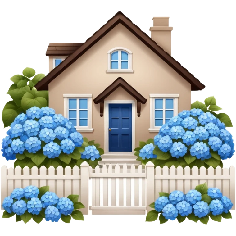 Brown house, white shutters, white fence, blue hydrangeas all over emoji