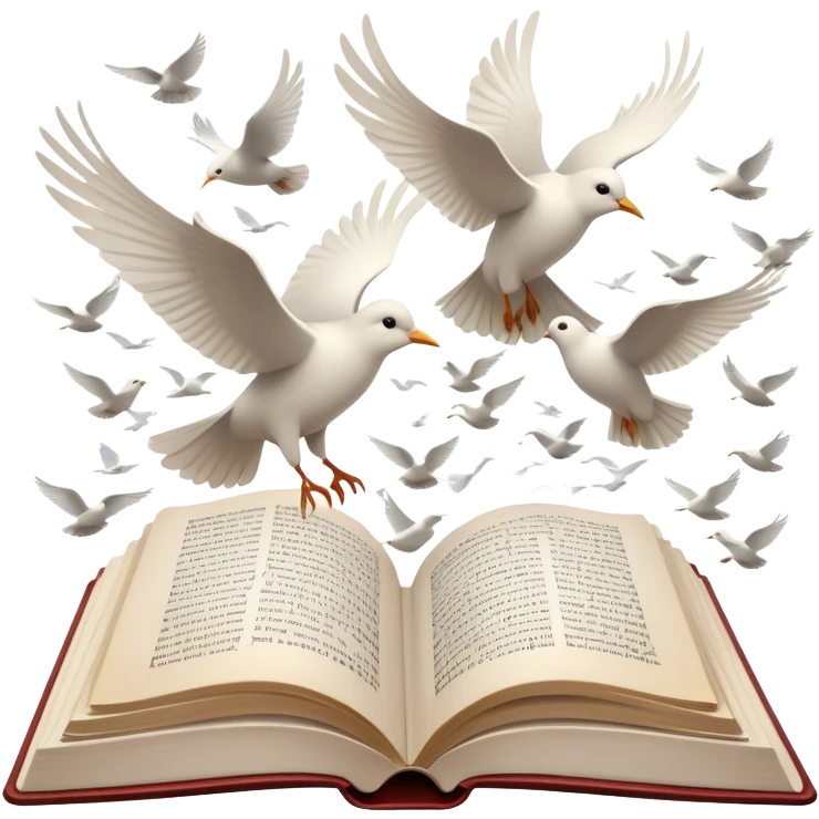 Icon for Poetry Reading: an open book with flowing verses, with pages transforming into a flock of white birds flying away. The icon should evoke the beauty, freedom, and emotional depth of poetry. Transparent background. emoji