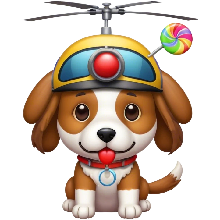 Dog with a colorful lollipop and a helicopter hat emoji
