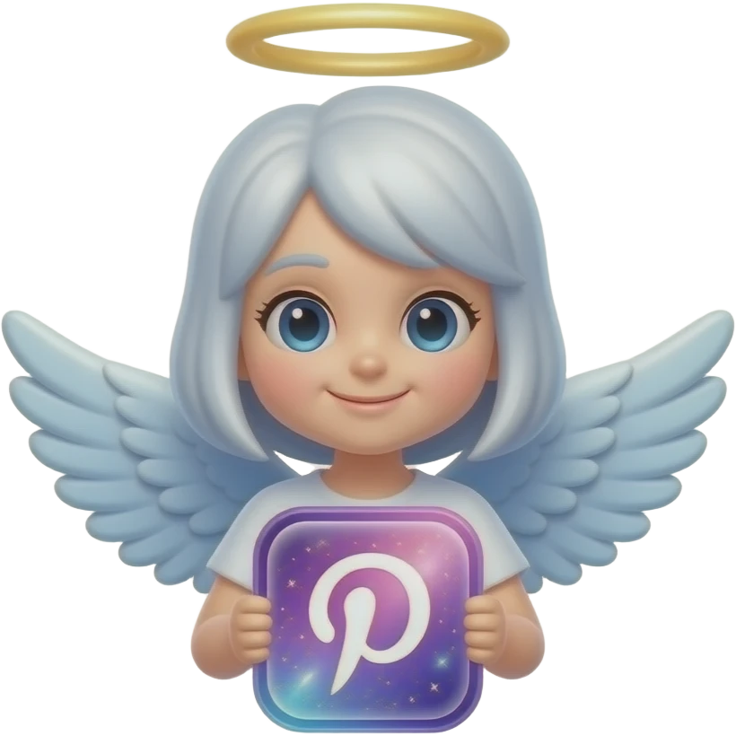 An ethereal angel, hand made of starlight holding a crystalline Pinterest logo, looking at viewer with cute smile. Text below: 'PHOTOGRAPHY?'. Glowing nebula colors, isolated on white, bold 3D icon emoji