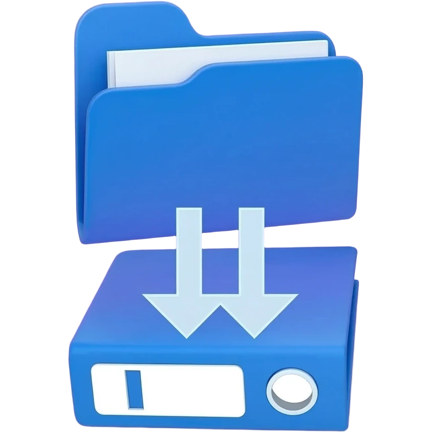 "A blue digital folder placed over a regular file folder, with a soft purple glow effect and an arrow indicating file upload and download." emoji