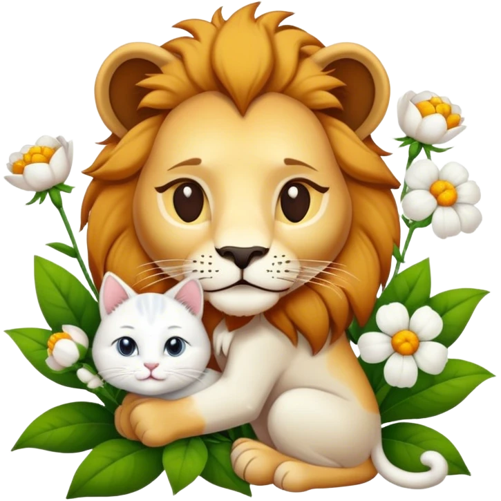 Lion give white cat flowers emoji