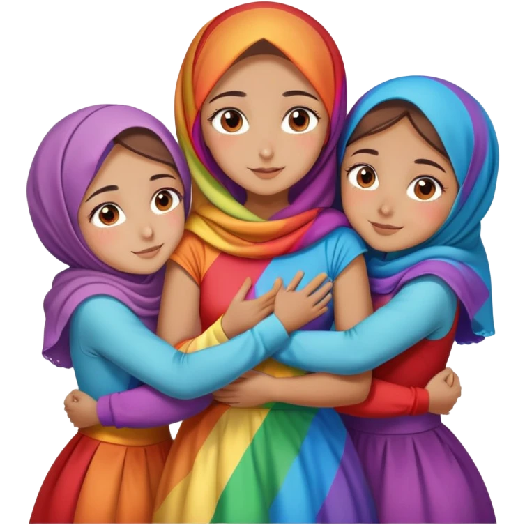 Four sister hugs Turkish girls beautiful finish Konya brown eyes with raimbow hijab and heart dress and hugs  emoji