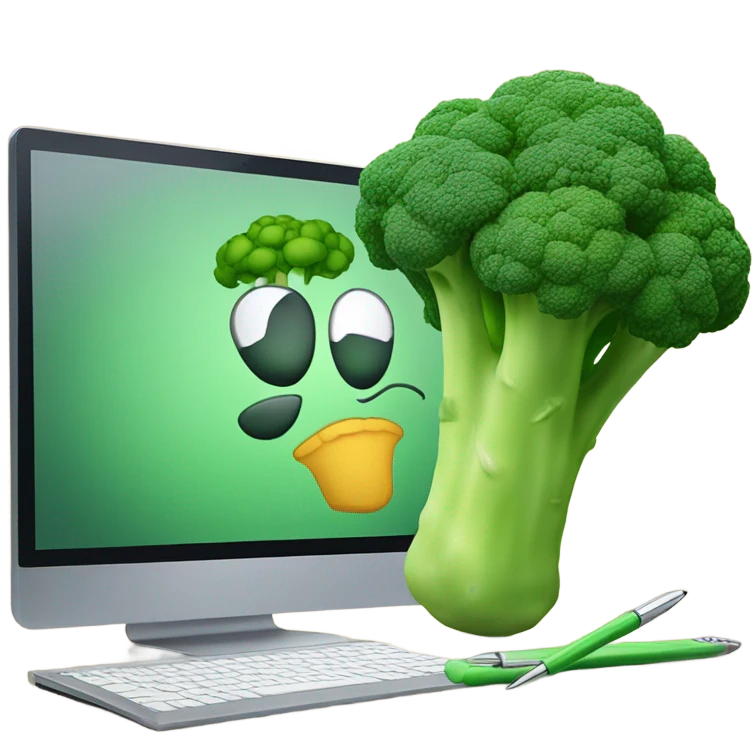 Generate a creative broccoli emoji sitting in front of a computer with a stylus, designing something on a screen. emoji