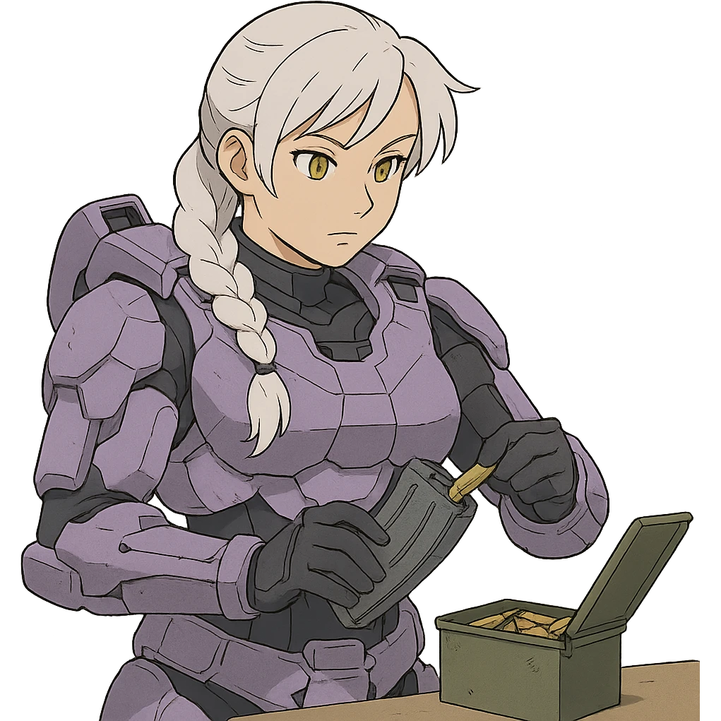 female, wearing reach spartan armor default, long white braid hair with massive messy front side single bangs, gold yellow eyes, attention pose, HALO:series, no helmet, the armor is lavender color scheme, shoulder pad off. DDD bust size fitting. Punk gothic cyberpunk, loading a magazine from a green ammo box emoji