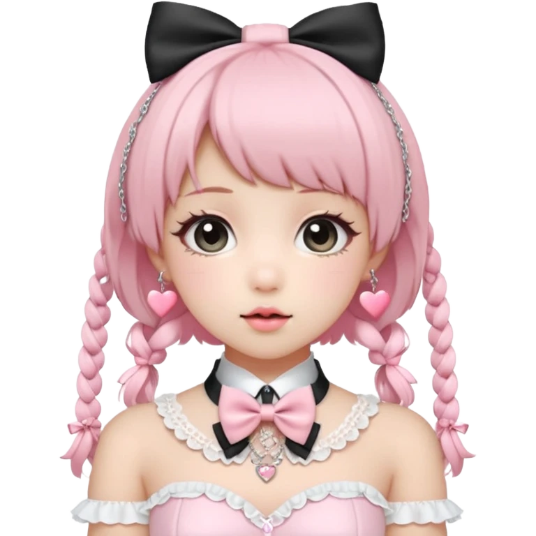 Pastel-baby-rose-pink Lolita-styled aesthetic cute kawaii choker-collar-necklace adorned with with white frills, roses, hearts, bow tie, silver chains, sakura emoji
