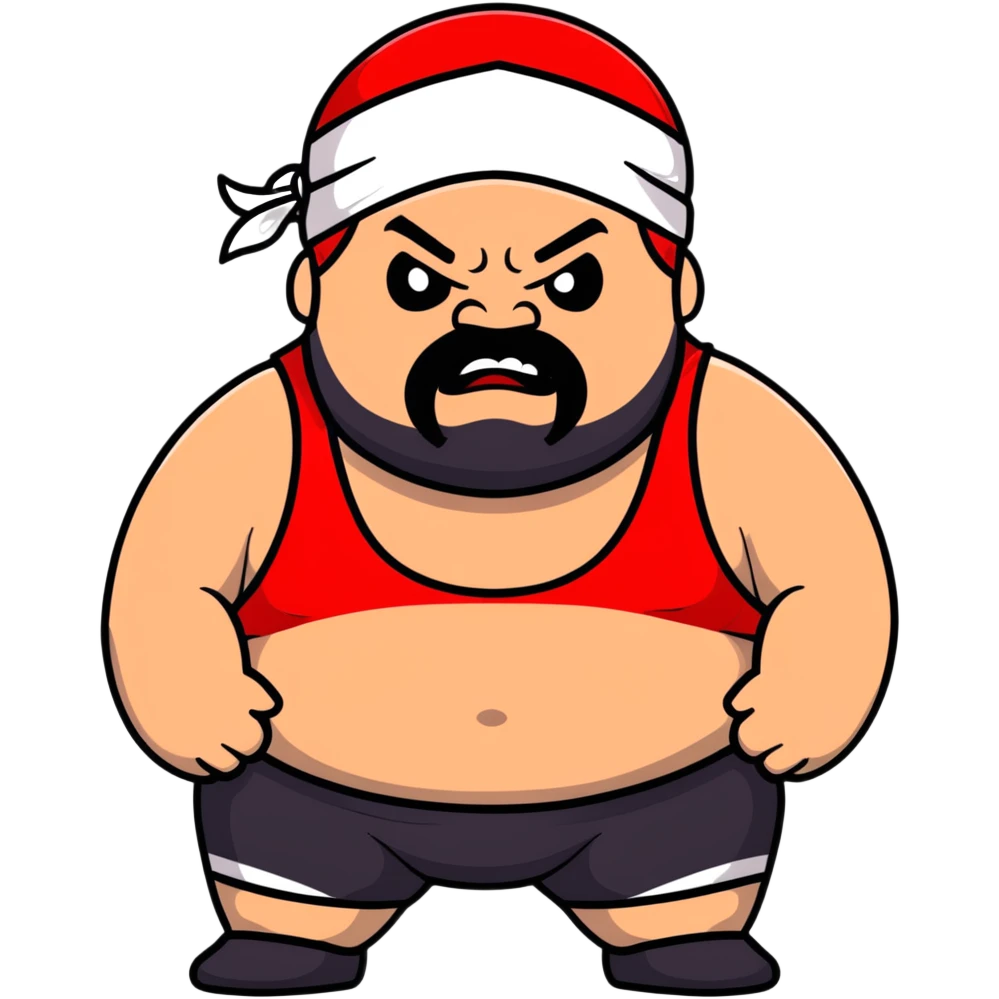 Extreme close-up of face of morbidly obese white skin guy with young face, prominent BLACK DURAG tied clearly on head, distinct black beard and mustache, black eyes in a red and black wrestling singlet with angry expression emoji