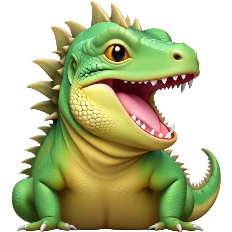 Cinematic Cute Yawning Iguana Portrait Emoji, Head tilted slightly with a dramatic, wide-open yawn, showcasing a sturdy, scaled body with a softly drooping spiky crest and sleepy, half-closed eyes, Simplified yet irresistibly adorable features, highly detailed, glowing with a soft, cozy jungle glow, high shine, relaxed yet expressive, stylized with a dash of whimsical charm, soft glowing outline, capturing the essence of a drowsy yet affectionate iguana that appears ready to stretch out for a nap! emoji