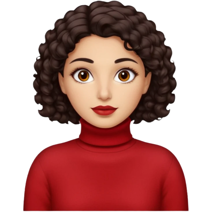 30 yr iranian woman dark brown hair curly wavy short hair, red turtle neck sweater, very thick eyebrows, light skin, dark brown eyes emoji