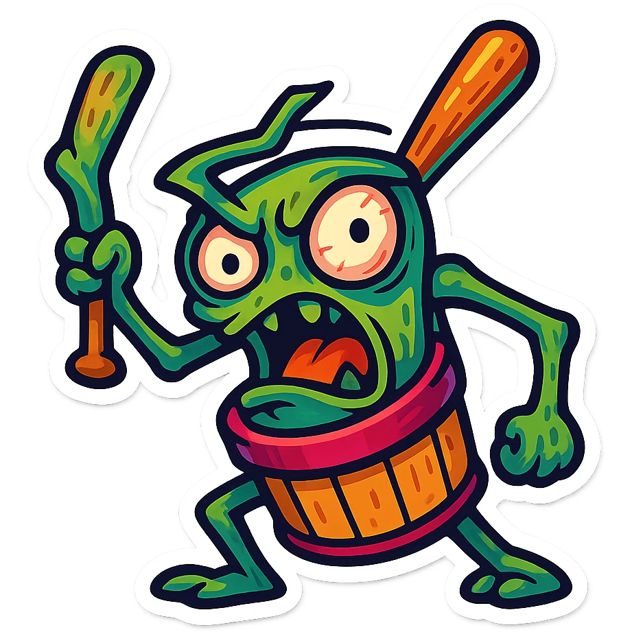 square image of absurd wooden stick-man creature, drum-like cylindrical body, holding baseball bat, cartoon style, bright vivid colors, expressive face, dynamic pose, a bit creepy yet funny,  emoji