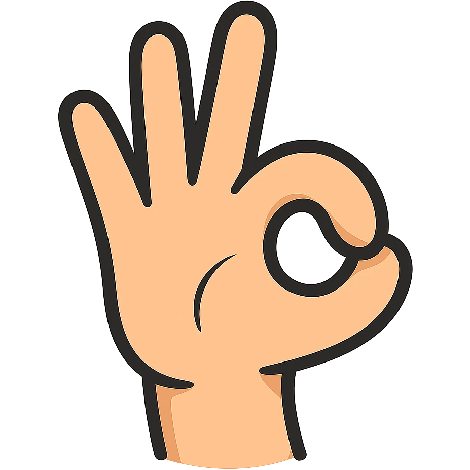 a cartoon-style hand in the 👌 pose, but the index finger is curled tightly downward like a hook, with the thumb resting over it (not making a circle), and the other three fingers extended upright, transparent background emoji