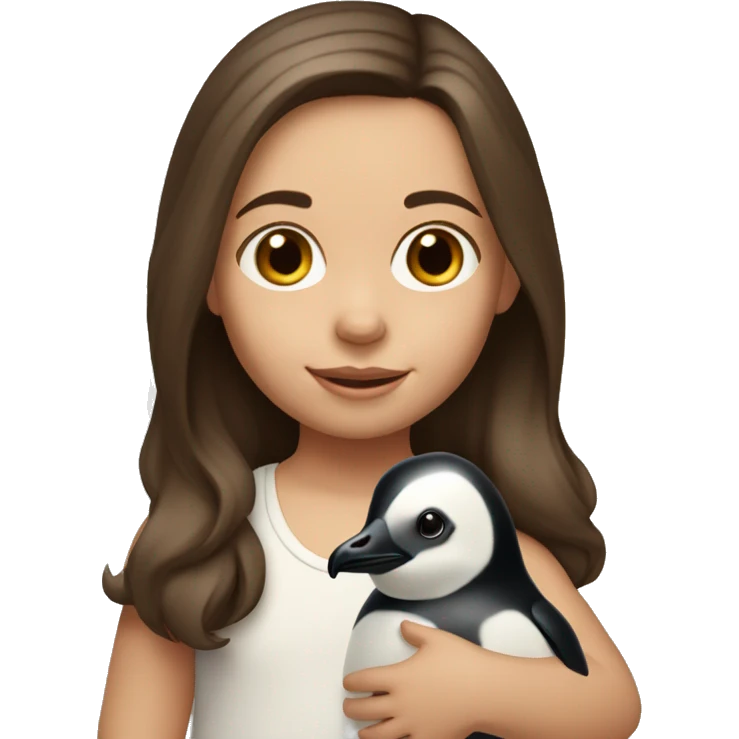 2 year old caucasian girl with shoulder length brown hair holding a penguin stuffed animal emoji