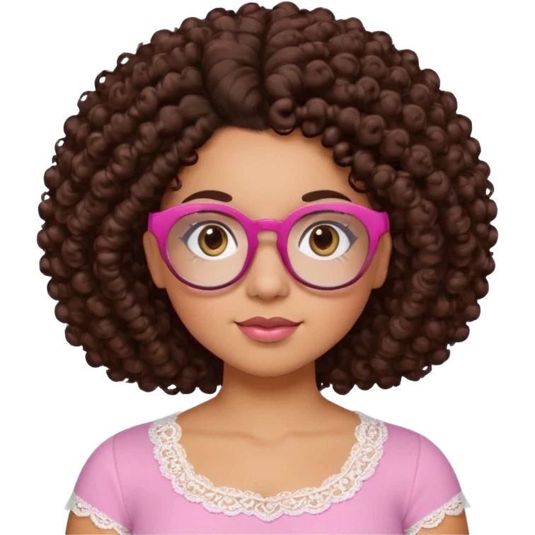 medium-light kinned afro-latina girl with medium length chocolate brown side part curly hair, brown glasses, brown eyes, pink and white sweetheart necklined top with lace, round wide-ish nose, chubby oblong face emoji