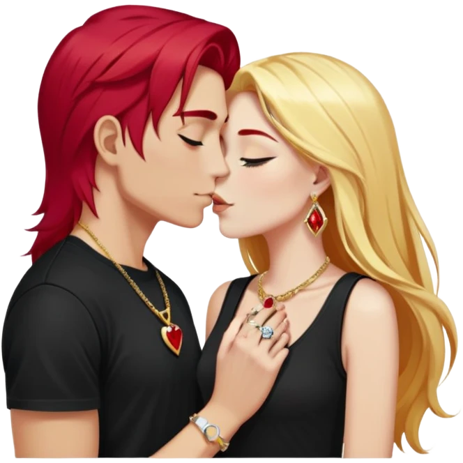 close-up of 20 year old couple kissing, girl with long cherry red hair, blonde eyebrows, gold necklace with letter A, diamond gold ring, red bracelet, boy with bright white hair wearing silver ring with black stone and dark t-shirt emoji