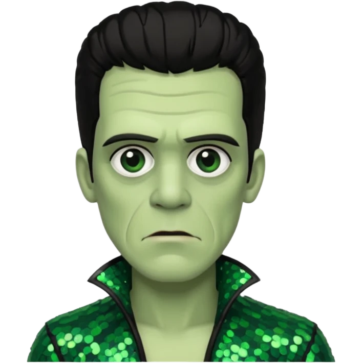 Frankenstein with black hair, dark green sequin outfit emoji