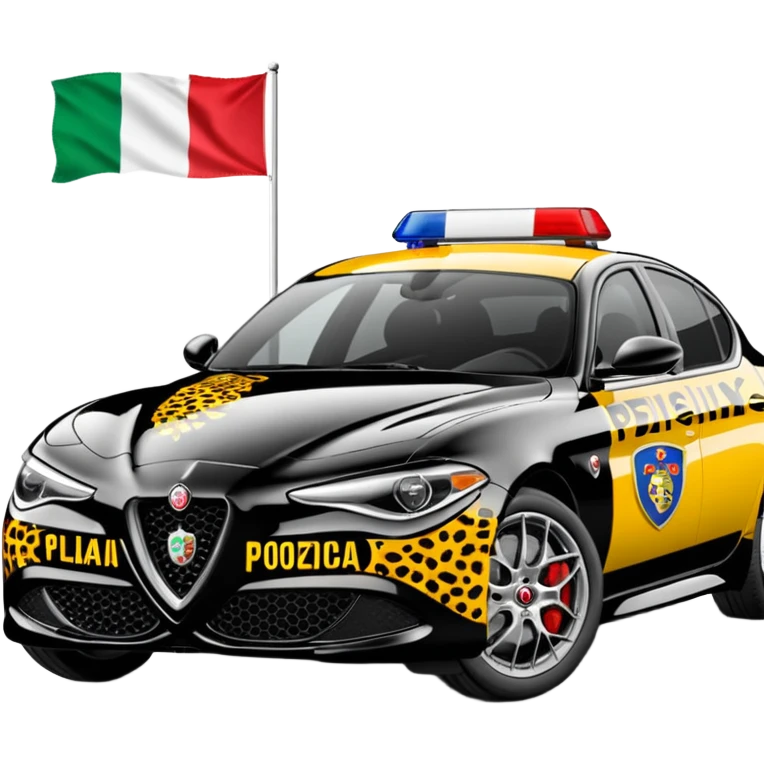 crea auto di servzio alfa romeo giulia colore nero con la scritta sul lato polizia penitenziaria e la un leopardo e la bandiera italiana emoji