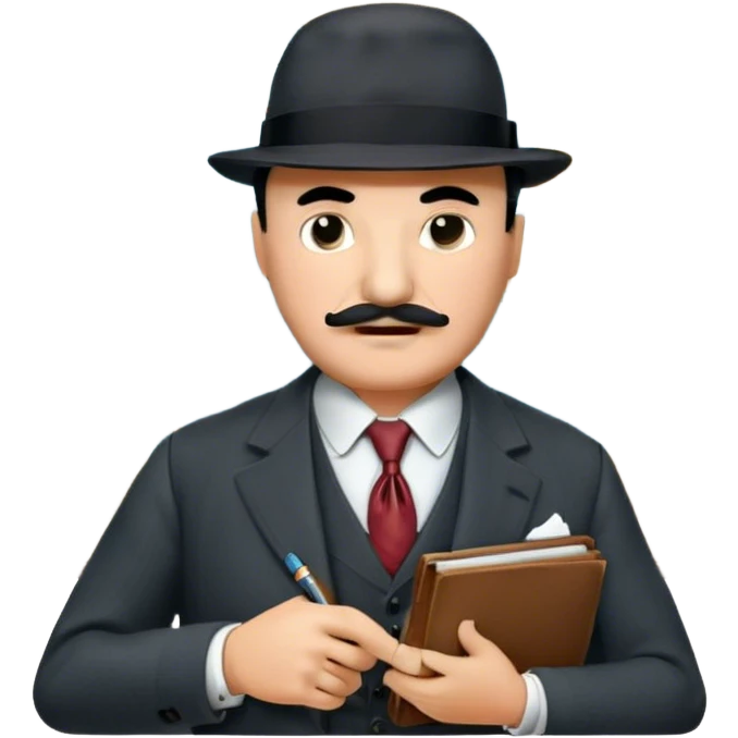 A cinematic-style frame showing Hercule Poirot in his iconic suit with a notebook in a dramatic detective pose. Background should be mysterious city, map, a board with photos of suspects, clues like fingerprints. Transparent background. emoji