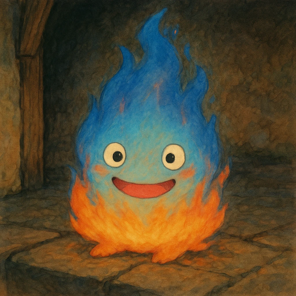Calcifer from Howl's Moving Castle, a small, blue and orange fire spirit with a cute, animated face, in Ghibli style emoji