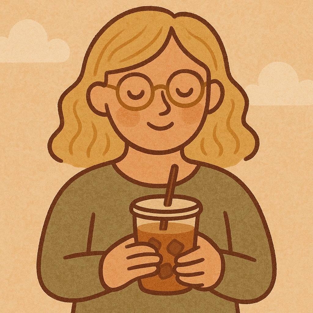 blonde woman with gold glasses holding an iced coffee, cartoon style emoji