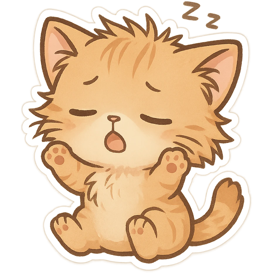 chibi style cat waking up, tiny paws, messy fur, cute expression emoji