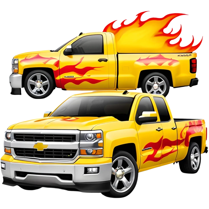 Bright yellow Chevrolet Silverado with bold airbrushed red flame artwork covering entire hood and extending to fenders, authentic Kill Bill custom paint job, 30-degree angle, iOS emoji style emoji