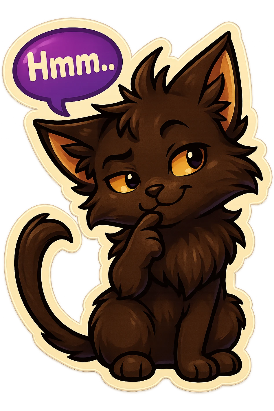 a dark-brown fluffy cute kawaii anime cat with tufted ears and a long thin tufted tail, thinking, smirking thoughtfully, saying “Hmm..” with a purple speech bubble, (cartoon style) (furry style) (deviantArt style) (artist style: Kamirah) emoji