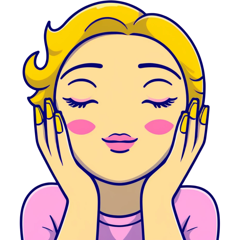 cartoon sticker of a yellow nodding face, closed eyes with big lashes, full lips, hands with long pink nails emoji