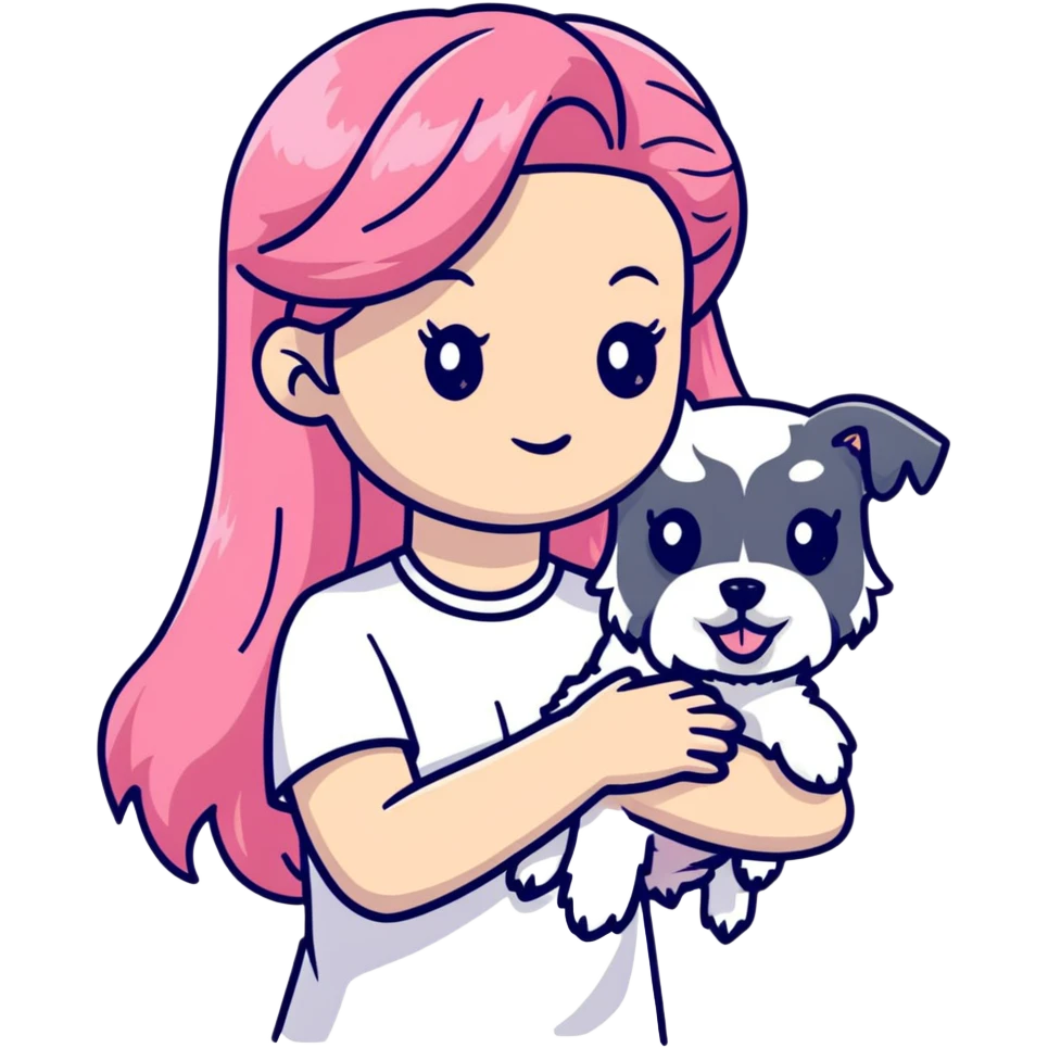 Girl with long flowing pink hair holding a white schnauzer dog emoji